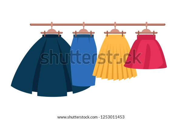 Set Vector Women\'s High Waisted Street Skirt\
Skater Pleated Full Midi Skirts on the hanger. four colored skirts\
on hangers.Clothing for women and girls.illustration isolated from\
white background