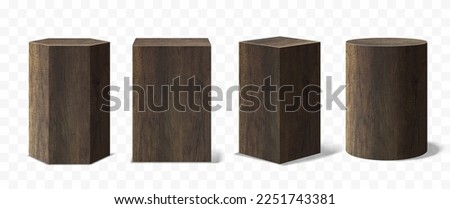 Set of Vector wood podium Pedestals, abstract geometric empty museum stages, exhibit displays for award ceremony presentation. Gallery platform, Blank Wooden product stands, Realistic 3d [[stock_photo]] © 