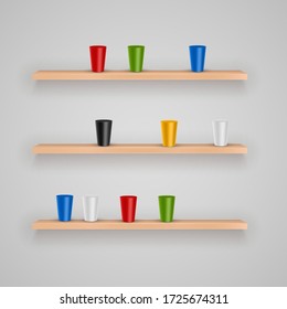 Set of vector Wood Shelves with simple objects for presentation on white gray background