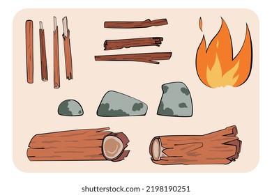 Set Of Vector Wood And Stone For Campfire. Isolated Element. Flat Design Cartoon With Stylize Outline.