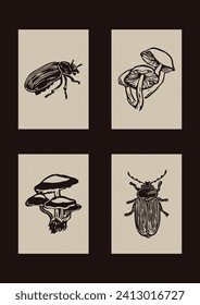 Set of vector woodcut scandi folkart of mushroom, bug clipart illustrations in woodland style. Collection of whimsical linocut insect fungi icon motifs for forest print. 