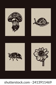 Set of vector woodcut scandi folkart of snail, mushroom, bug and flower clipart illustrations in woodland style. Collection of whimsical linocut insect fungi icon motifs for forest print. 