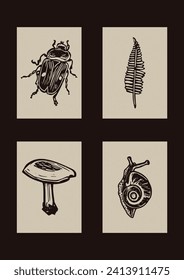 Set of vector woodcut scandi folkart of bug, fern, mushroom and snail and butterfly clipart illustrations in woodland style. Collection of whimsical linocut insect fungi icon motifs for forest print. 