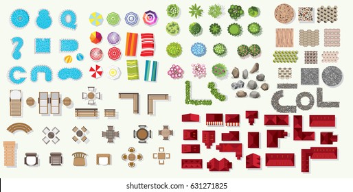 Set of vector wooden benches and tree top symbols. Collection for landscape, top view, plan,  beach Infographic,swimming pool, stone floor texture