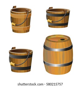 Set of vector wooden buckets on white background