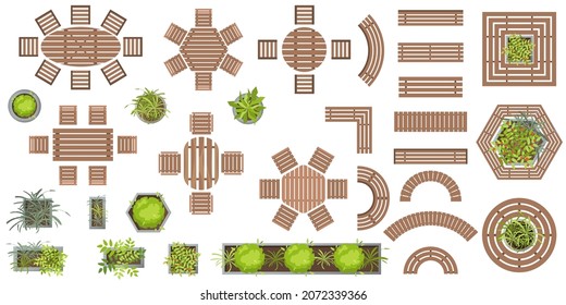 Set of vector wooden furniture, benches and plants in pots for landscape design top view. Collection of architectural elements for projects. Table, chair, bench, pot, grass, tree in flat style