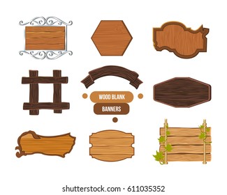 Set of vector wooden sign, various shapes, colors and textures of wood and metal, isolated on white background. Vector illustration. Can be used in banners, brochures, design.