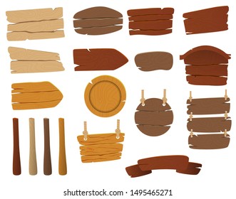 Set of vector wooden signs. Blank wooden boards with nails for banners or messages hanging on chains or ropes. Rustic cartoon signpost or billboard, notice and information theme