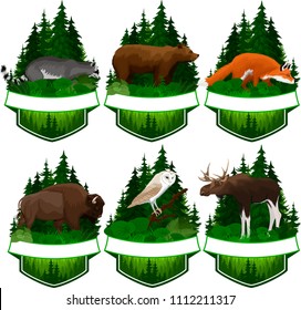 set of vector woodland emblems with  barn owl, red fox, racoon, grizzly bear,  moose bull and zubr buffalo bison