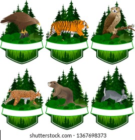 set of vector woodland emblems with beaver, rabbit, white-tailed eagle, lynx, tiger, eagle owl and Common garter snake