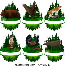 set of vector woodland emblems with lynx, bear, eagle, deer and capercaillie