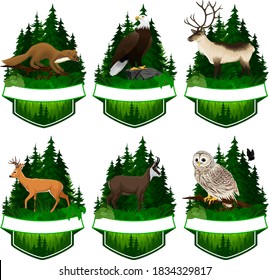 set of vector woodland emblems with white tiled deer, barred owl, chamois	, bald eagle, pine marten and reindeer