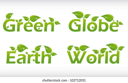 Set of vector words with leafs - green, globe, earth, world