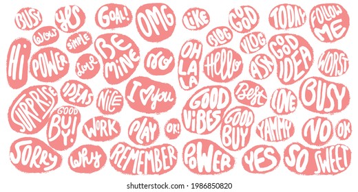 Set of vector words and phrases in pink bubble speech, liquid forms. Hand drawing lettering for greeting cards, posters, banners, bullet journals, planners, diaries, stickers, labels. Handwritten.