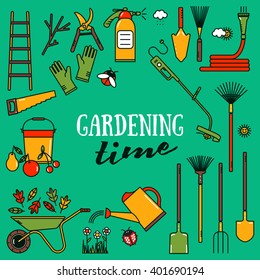 Set of vector working tools. Garden equipment concept in bright colors. Design element for advertisement.