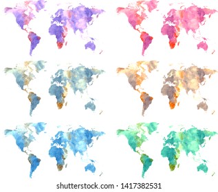 Set of vector world maps in watercolor style. Perfect resolution and detalization.