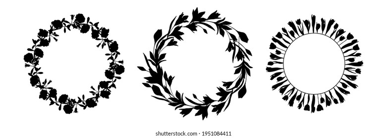 Set of vector wreaths in black ink on a white background. Flowers and herbs are hand-drawn. Natural plants from leaves, roses, lilies. Botany and flora. Round design for medicine, postcards, cosmetics