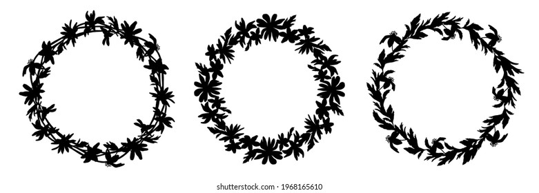 Satz von Vektorgrafiken mit schwarzer Tinte auf weißem Hintergrund. Blumen und Kräuter sind handgezeichnet. Anemone, Primaten, Schneefall. Botanik und Flora. Runddesign für Medizin, Postkarten, Kosmetik.