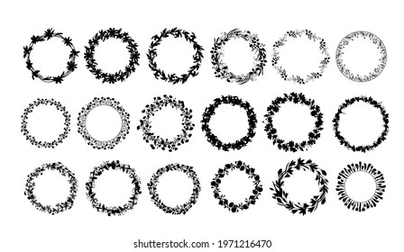 Set of vector wreaths in black ink on a white background. Flowers and herbs are hand-drawn. Natural plants from leaves, roses, lilies. Botany and flora. Round design for medicine, postcards, cosmetics