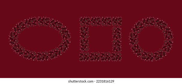 Set of vector wreaths of fir twigs and snowflakes isolated on a red background. Frames for Merry Christmas and happy New Year design cards, postcards, invitations