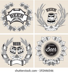 set of vector wreaths of rye and hops for beer