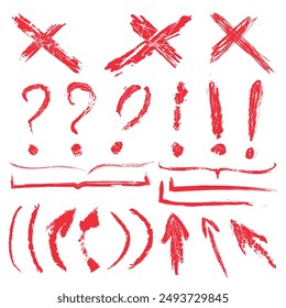 Set of vector X signs, grunge graphics collection. Hand drawn brush strokes with red ink splashes. Graphic symbols of curly braces, question and exclamation marks, arrows.