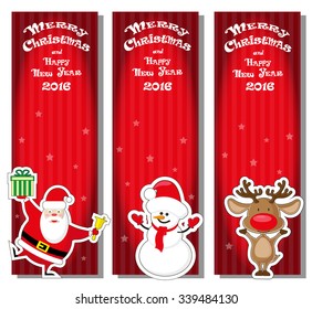 Set vector Xmas banner with Santa Claus, snowman, Deer and hand drawn text Merry Christmas and Happy New Year 2016 on red gradient striped background