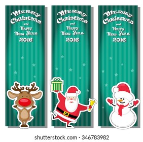 Set of vector Xmas banner with Santa Claus, snowman, deer and hand drawn text Merry Christmas and Happy New Year 2016 on gradient stripped background