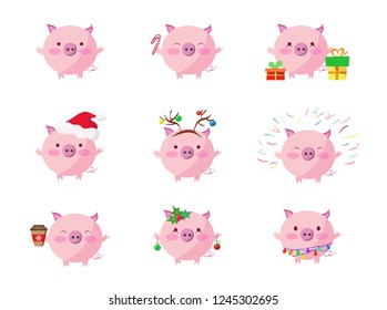Set of vector Xmas pigs illustrations with Christmas style design elements and decorations. Cute happy pig for  Chinese New Year and Xmas projects.