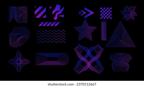 Set of Vector Y2K Wireframe elements. wireframe 00s, 80s or 90s style. Retro cyberpunk style.