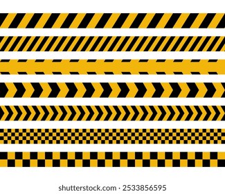 A set of vector yellow and black seamless caution warning tape.  Design concept represents danger lines for crime scenes, construction boundaries, road hazards, hazardous areas, or industrial safety