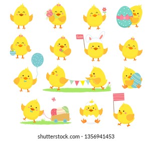 Set of vector yellow chickens. Vector illustration.Isolated on white background.Cartoon flat style