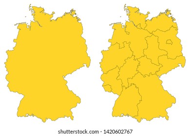 Set of vector yellow detailed maps of Germany isolated on white background