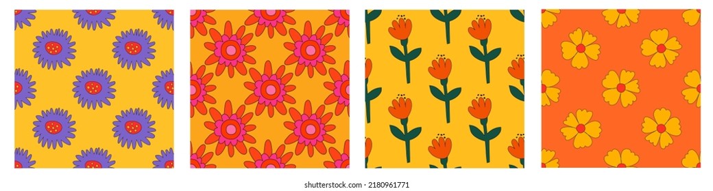 set of vector yellow floral seamless patterns.Hippie psychedelic flowers.1970 good vibes, daisy flower.Funky cottage core ornament collection.Vibrant square textile with chamomile, tulip.Vibrant back