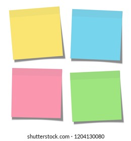 Set of vector yellow, green, blue and pink paper sticky notes glued to the surface isolated on white