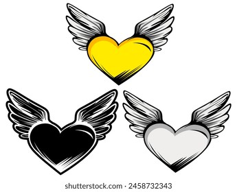 set vector yellow hearts with wing flying love symbol illustration