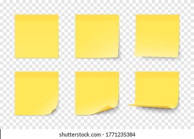 Set of vector yellow paper adhesive stickers on transparent background. Six realistic sticky notes isolated. Various blank sheets with curled up corners.