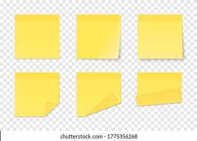 Set of vector yellow paper adhesive stickers on transparent background. Six realistic sticky notes isolated. Various blank sheets with folded corners.