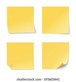 Set of vector yellow paper stickers on white background. Four realistic sticky notes. Various blank sheets with curled corners.
