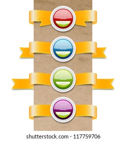 A set of vector yellow ribbon tags with round shiny plastic sealing badges