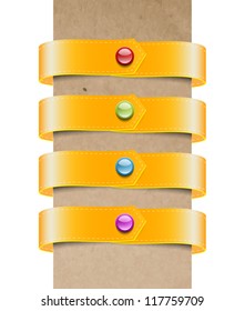 A set of vector yellow ribbon tags / bands with shiny glassy buttons