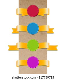 A set of vector yellow ribbon tags with round fabric sealing badges
