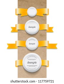 A set of vector yellow ribbon tags with white round plastic sealing badges