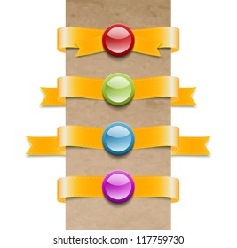 A set of vector yellow ribbon tags with round shiny glassy sealing badges
