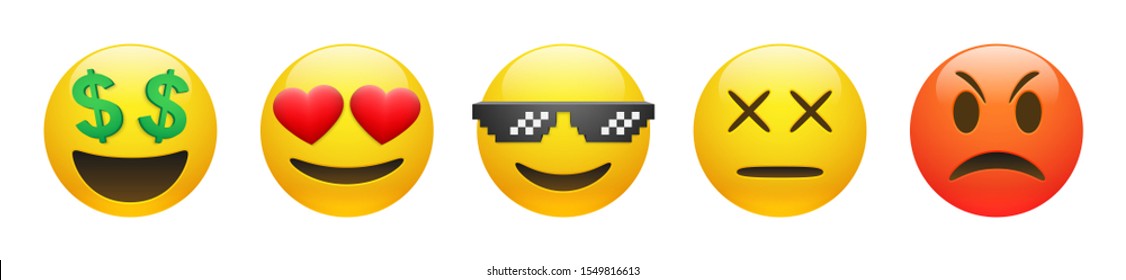 Set Of Vector Yellow Rich, Dead, Angry, Thug Life Emoticon And Emoticon In Love With Heart Eyes On White Background. Glossy Funny Cartoon Emoji Icon Collection. 3D Illustration For Chat Or Message.