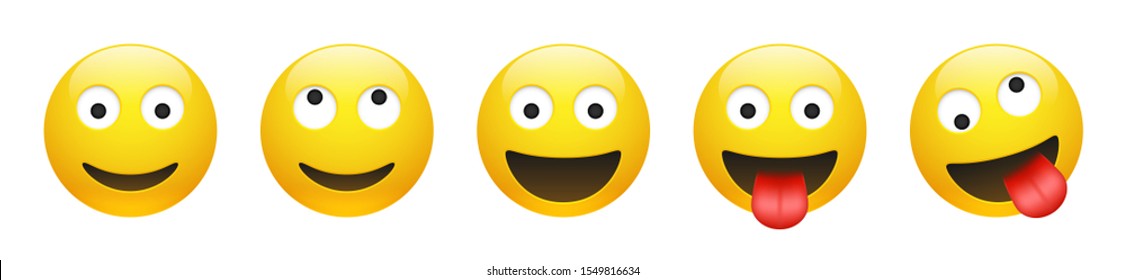 Set of vector yellow smiling, dreaming, insane, crazy emoticon with opened eyes on white background. Glossy funny cartoon Emoji icon collection. 3D illustration for chat or message.