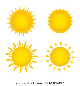 Set of Vector yellow Sun Shining and light rays Isolated on white background. Summer, sunlight, nature, sky. Vector illustration isolated on white background.