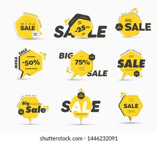 Set of vector yellow tags in the shape of a hexagon with a thin stroke, for a big sale. Templates banners with a percentage discount.