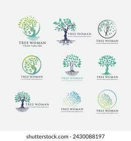 Conjunto de concepto de logotipo de yoga vectorial. diseño de insignia de posición de árbol. Ilustración del centro de bienestar. Chica con hojas sobre fondo blanco