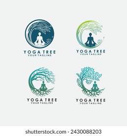 set Vector yoga logo concept. tree position insignia design. Wellness center illustration. Girl with leaves on white background